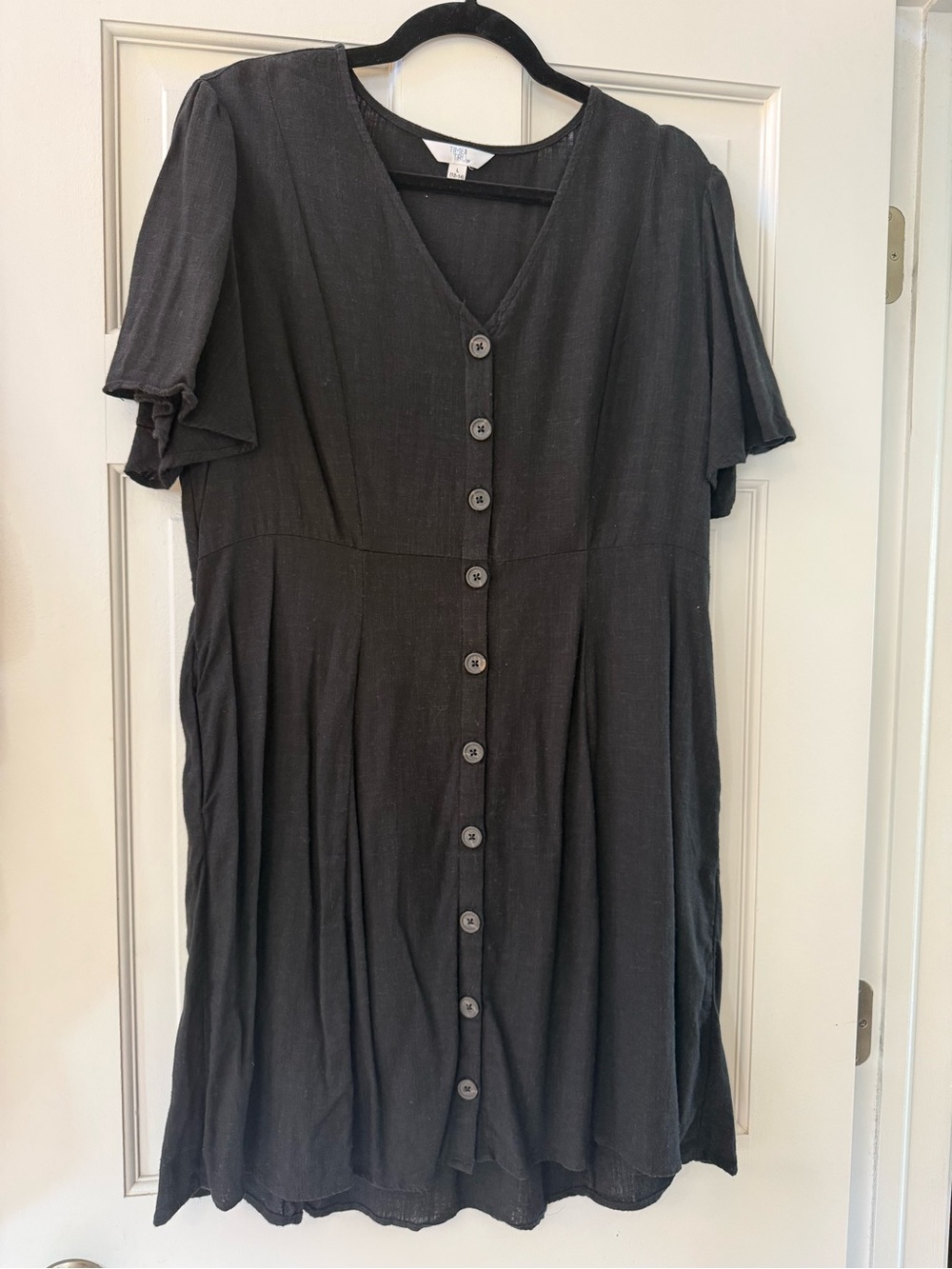Time and Tru Black Linen Blend Button Front Flutter Sleeve Dress L 12-14